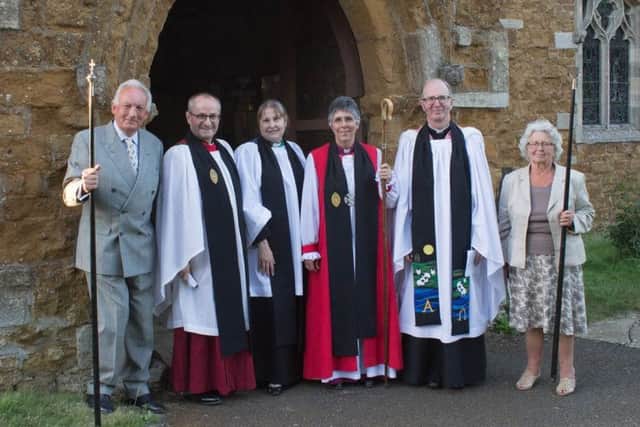 (Left to right): Churchwarden Martin Watts, Archdeacon of Leicester, the Venerable Tim Stratford, Rev Sarah Wright, the Bishop of Loughborough, Rt Rev Dr Guli Francis-Dehqani, Rev Neil Stothers and churchwarden Dorothy Edwards PHOTO: Melanie Davies