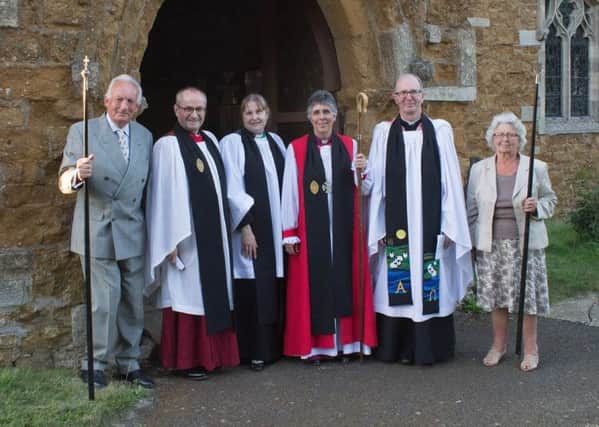 (Left to right): Churchwarden Martin Watts, Archdeacon of Leicester, the Venerable Tim Stratford, Rev Sarah Wright, the Bishop of Loughborough, Rt Rev Dr Guli Francis-Dehqani, Rev Neil Stothers and churchwarden Dorothy Edwards PHOTO: Melanie Davies