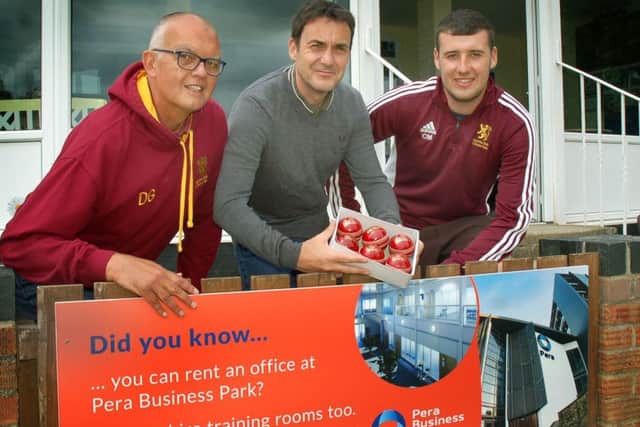 Egerton Park chairman David Glover (left) and captain Charlie Madden (right) with Nigel Brown, managing director of sponsors Pera Business Park EMN-180307-093620002