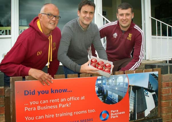 Egerton Park chairman David Glover (left) and captain Charlie Madden (right) with Nigel Brown, managing director of sponsors Pera Business Park EMN-180307-093620002