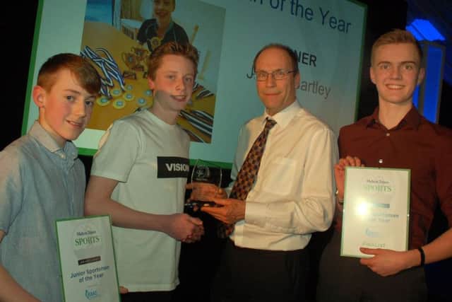 Junior Sportsman of the Year James Bartley with Mark Bendle, of sponsors Brooksby Melton College, and finalists Finn Noble (right) and Liam Tew EMN-180718-142709002