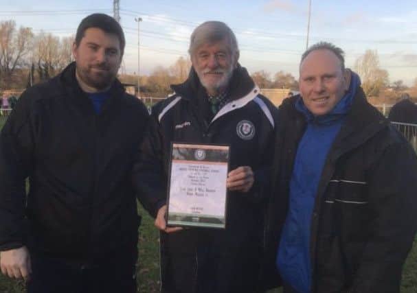 Receiving the United Counties League Premier Division Manager of the Month award last season, with co-manager John Love (right), and UCL chairman John Weeks EMN-180724-124141002