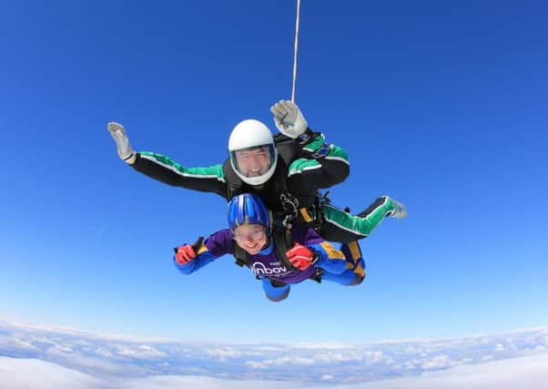 Alison Furlong, community fundraiser at Rainbows Hospice for Children and Young People, conquering her fear of heights by doing a skydive in 2017 PHOTO: Supplied
