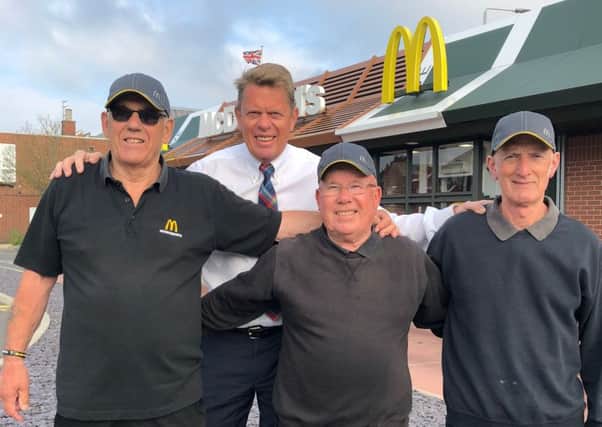Martin Cuthbert, franchisee of the Melton McDonald's restaurant with three of his older employees,  Mick Plowman, Tony Stevens and Dave Ellis EMN-180308-110830001