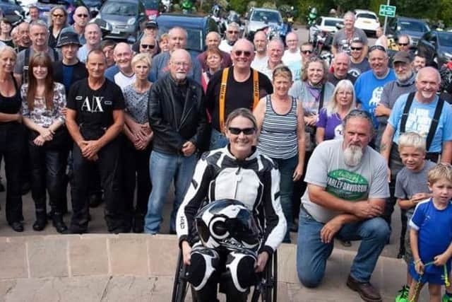 Claire Lomas and some of the motorcyclists who took part in the fourth Road to Recovery (R2R) Rideout from Eye Kettleby Lakes to Wistow EMN-180608-104851001