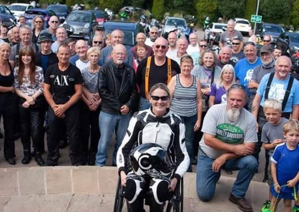 Claire Lomas and some of the motorcyclists who took part in the fourth Road to Recovery (R2R) Rideout from Eye Kettleby Lakes to Wistow EMN-180608-104851001