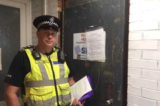Sgt Mark Williams, of Melton Police, outside a property in Beckmill Court which has been closed down due to numerous incidents of anti-social behaviour EMN-181008-092859001
