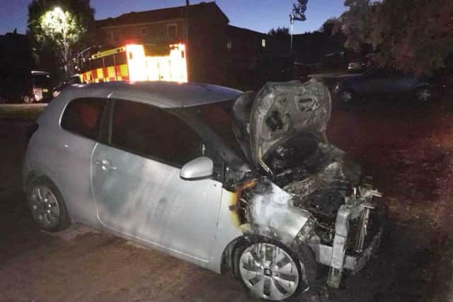 One of the cars attacked by arsonists in Melton in the early hours of Saturday.
PHOTO LEICS FIRE & RESCUE EMN-180813-101510001