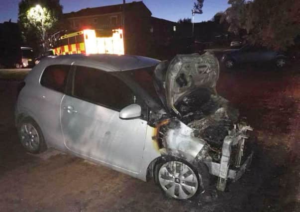 One of the cars attacked by arsonists in Melton in the early hours of Saturday.
PHOTO LEICS FIRE & RESCUE EMN-180813-101510001
