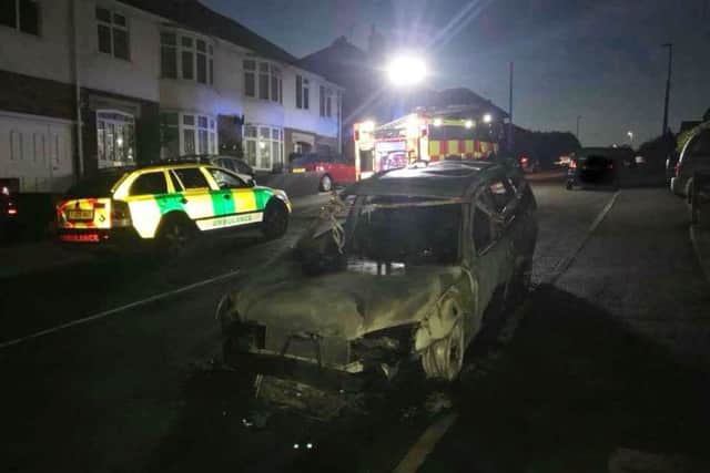 One of the cars attacked by arsonists in Melton in the early hours of Saturday.
PHOTO LEICS FIRE & RESCUE EMN-180813-101520001