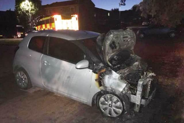 A car attacked by arsonists in Drummond Walk, Melton, in the early hours of Saturday - one of two vehicles deliberately set alight five minutes apart in the town
PHOTO LEICS FIRE & RESCUE EMN-180813-101510001