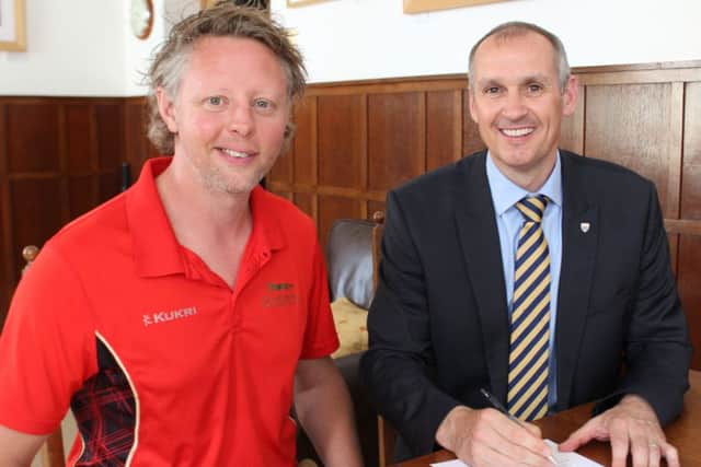 Leicestershire CCC academy director Andy Siddall with Ratcliffe College headteacher Jonathan Reddin EMN-180823-171351002