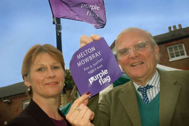 Melton BID manager Shelagh Core and Councillor Malise Graham, chairman of the Melton Safer Partnership group, celebrate the retention of Melton's coveted Purple Flag status EMN-181109-125358001