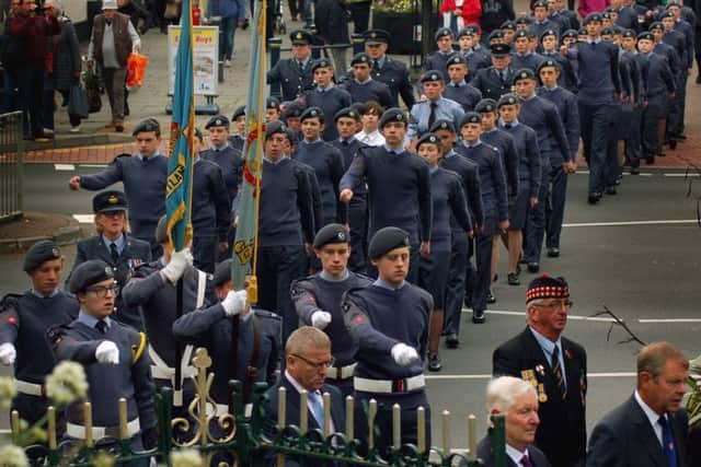 1279 (Melton Mowbray) Squadron Air Cadets, of the Royal Air Force Air Training Corps, make their way into the Memorial Gardens during the Battle of Britain parade in Melton last year EMN-180913-163509001