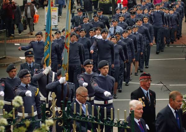 1279 (Melton Mowbray) Squadron Air Cadets, of the Royal Air Force Air Training Corps, make their way into the Memorial Gardens during the Battle of Britain parade in Melton last year EMN-180913-163509001