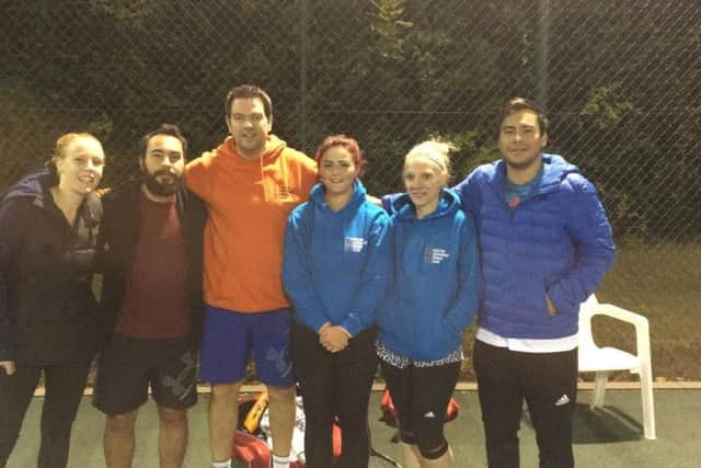 The mixed second team clinch their late-night title win. From left, Sarah Diver, Etienne Ellis, Justin Horobin, Ellie Jenkins, Laura Hayward, Tom Ellis EMN-180925-125627002