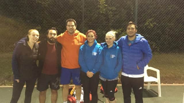 The mixed second team clinch their late-night title win. From left, Sarah Diver, Etienne Ellis, Justin Horobin, Ellie Jenkins, Laura Hayward, Tom Ellis EMN-180925-125627002
