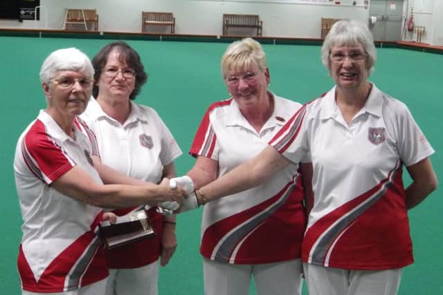 Novice Ladies Pairs winners Cheryl Rawle and Julie Kipling (left), with Pat Wright and Yvonne Kent EMN-180925-154228002