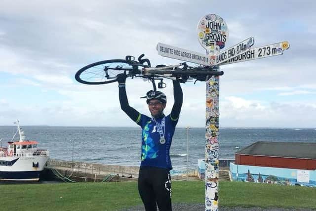 Geoff Allard pictured at the end of a 992-mile cycle across the UK which raised more than £3,000 for the Treble One Trust started by his late friend Stewart Sparling to support fellow MND sufferers EMN-180926-140358001