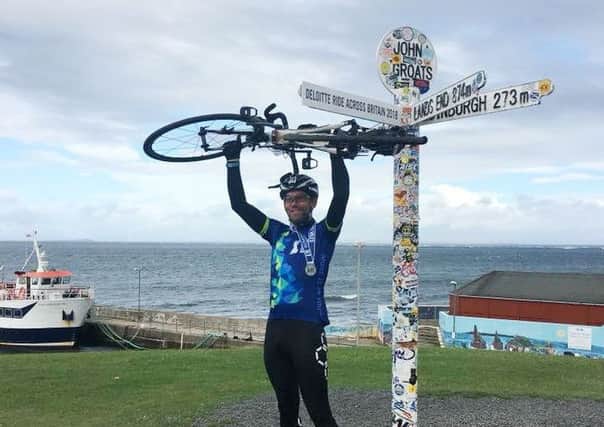 Geoff Allard pictured at the end of a 992-mile cycle across the UK which raised more than Â£3,000 for the Treble One Trust started by his late friend Stewart Sparling to support fellow MND sufferers EMN-180926-140358001