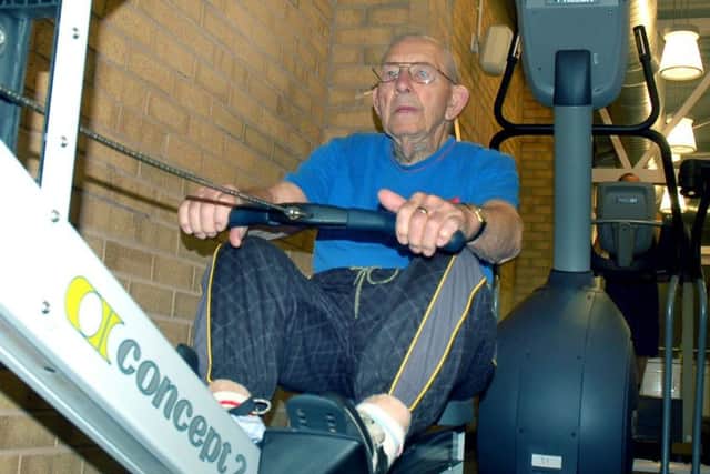 Harold Veazey pictured in his late 90s on the rowing machine at Melton's Waterfield Leisure Centre before the strains of old age forced him to give up his regular gym workouts EMN-180210-101202001