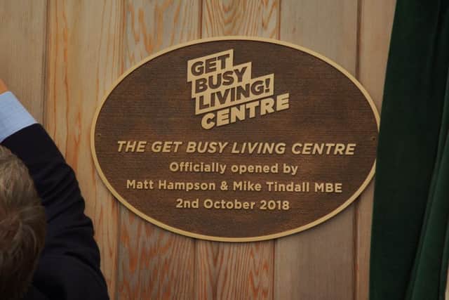 The plaque unveiled at the official opening of the Get Busy Living centre at Burrough on the Hill EMN-180210-172350001