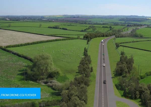 A still showing simulated drone footage of the planned Melton Mowbray Distributor Road (MMDR) EMN-180310-170226001