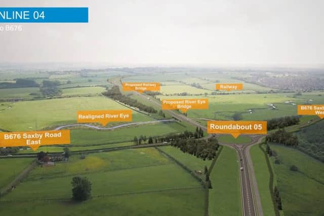 A computer-generated drone flight over the proposed Melton Mowbray Distributor Road (MMDR) showing where the road would cross the B676 Saxby Road EMN-181210-124206001