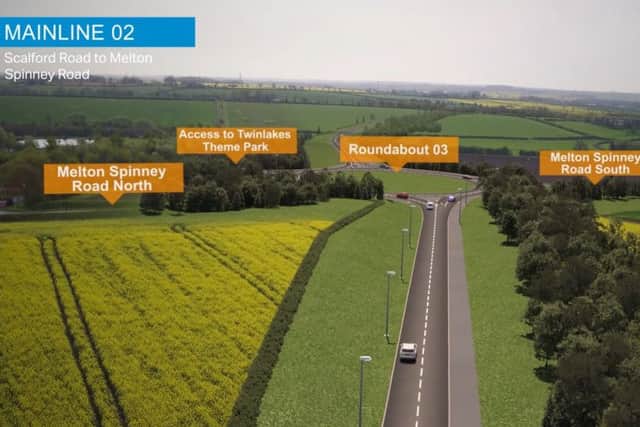 A computer-generated drone view of the Melton Mowbray Distributor Road (MMDR), where it crosses Melton Spinney Road close to Twinlakes EMN-181210-124709001