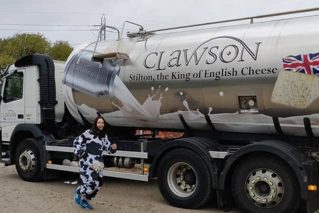 Hannah Shaw sweating her udders off at Long Clawson Dairy PHOTO: Supplied