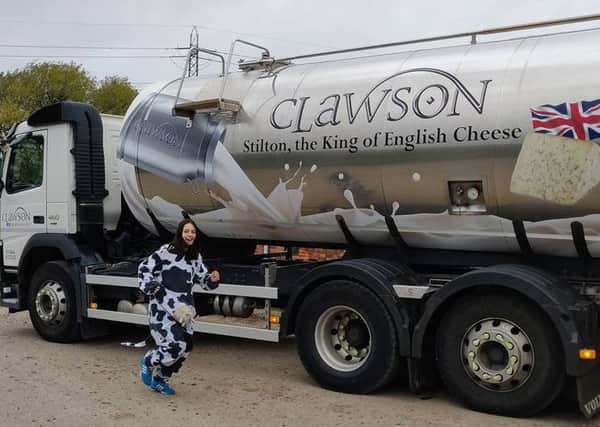 Hannah Shaw sweating her udders off at Long Clawson Dairy PHOTO: Supplied