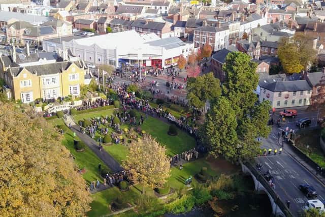 An aerial photograph taken from a drone above Memorial Gardens in Melton during the wreath-laying service on Remembrance Sunday
DRONE IMAGE MARK NAYLOR (Mark @ Aerialview360) EMN-181211-111039001