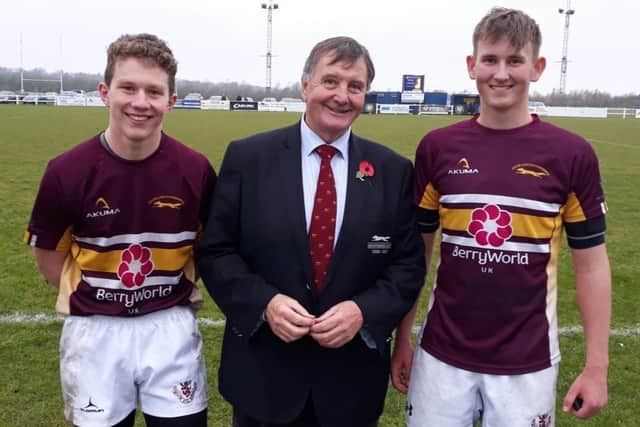 Former Leicestershire county president Brian Hesford with Melton RFC Colts Oliver Plowman (left) and George Morgan-Jones Picture: Griff Morgan-Jones EMN-181114-124006002