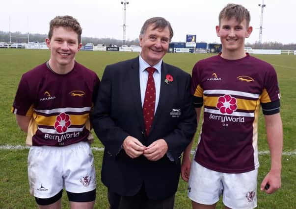 Former Leicestershire county president Brian Hesford with Melton RFC Colts Oliver Plowman (left) and George Morgan-Jones Picture: Griff Morgan-Jones EMN-181114-124006002