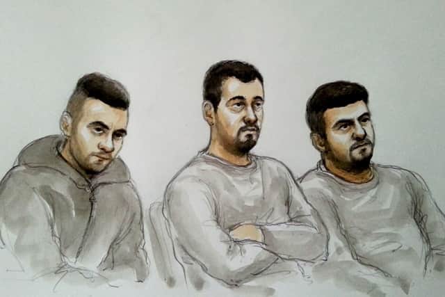 COURT SKETCH: Aram Kurd, 33, Arkan Ali, 37, and Hawkar Hassan, 32. Photo: SWNS