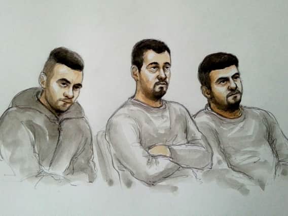 COURT SKETCH: Aram Kurd, 33, Arkan Ali, 37, and Hawkar Hassan, 32. Photo: SWNS