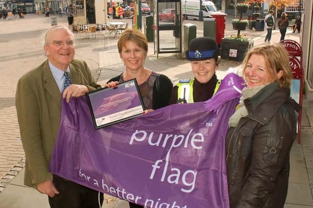 From left, Malise Graham, chairman of The Purple Flag Committee, Shelagh Core (Melton Bid), police PCSO Claire Gray and Susan Oakes (Melton Council neighbourhood support officer) celebrate Melton having its Purple Flag status renewed EMN-181119-131615001