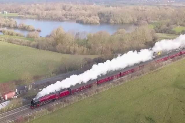 A drone image of the majestic Duchess of Sutherland passing by Frisby Lake en route from London to York
DRONE PHOTO MARK NAYLOR (Mark @ Aerialview360) EMN-181123-105619001