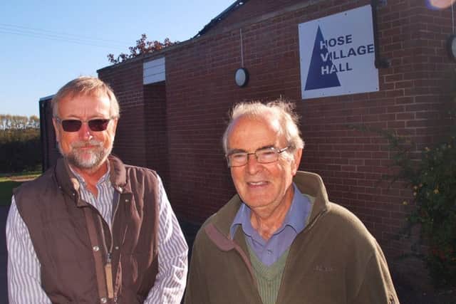Chairman Brian Keevil (left) and treasurer Ian Smith outside Hose village hall, which needs a major renovation following October's fire EMN-181126-115848001