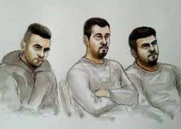 COURT SKETCH: Aram Kurd, 33, Arkan Ali, 37, and Hawkar Hassan, 32, in the dock at Leicester Crown Court. Photo: SWNS EMN-181112-104046001