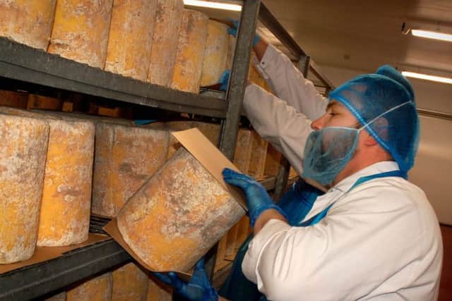 Cheeses are turned daily during the maturation stage at Long Clawson Dairy EMN-181218-180252001