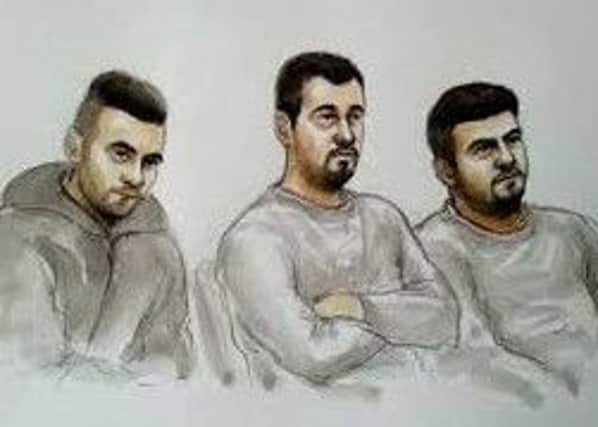 COURT SKETCH: Aram Kurd, 33, Arkan Ali, 37, and Hawkar Hassan, 32, in the dock at Leicester Crown Court. Photo: SWNS EMN-181228-113317001