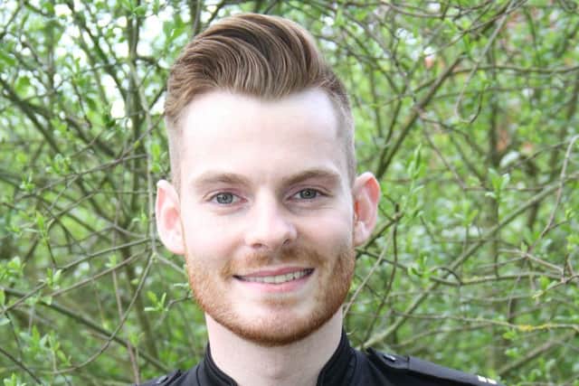 Pc Lewis Sparling, who is succeeding his late father by serving in the Leicestershire Police force, wearing the same collar number EMN-181231-145737001