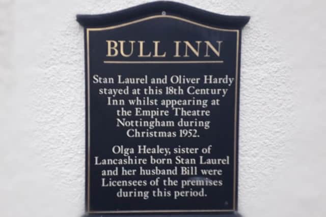 A sign outside The Bull Inn at Bottesford highlighting its link with Laurel and Hardy EMN-190116-091552001