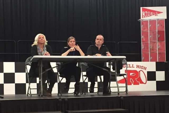 The panel at the public meeting on crime at John Ferneley College, from left resident Jaz Lynch-Bolton, Insp Siobhan Gorman and Sgt Iain Wakelam EMN-190125-133415001