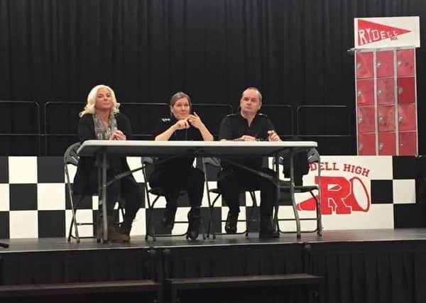 The panel at the public meeting on crime at John Ferneley College, from left resident Jaz Lynch-Bolton, Insp Siobhan Gorman and Sgt Iain Wakelam EMN-190125-133415001