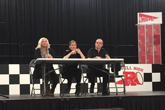 The panel at the public meeting on crime at John Ferneley College, from left resident Jaz Lynch-Bolton, Insp Siobhan Gorman and Sgt Iain Wakelam EMN-190125-133415001