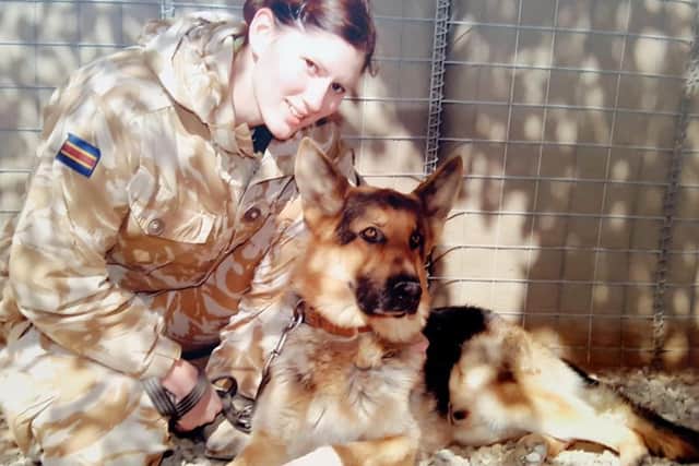 Jennifer Yarwood, 33, pictured during her service in the armed forces with the RAVC - as a dog handler, she was badly injured by an IED while on her third tour of Iraq in 2008 EMN-190131-133858001
