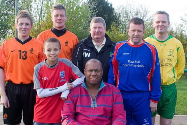 Ian as organiser of a charity football match for Andy Harrison, with managers Jamie Rigby, Nick Irish, Kev Cooper and Howard Eggleston EMN-190602-103938002