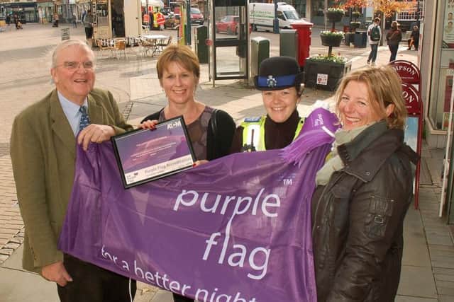 From left, Malise Graham, chairman of The Purple Flag Committee, Shelagh Core (Melton Bid), police PCSO Claire Gray and Susan Oakes (Melton Council neighbourhood support officer) celebrate Melton having its Purple Flag status renewed EMN-191202-173740001